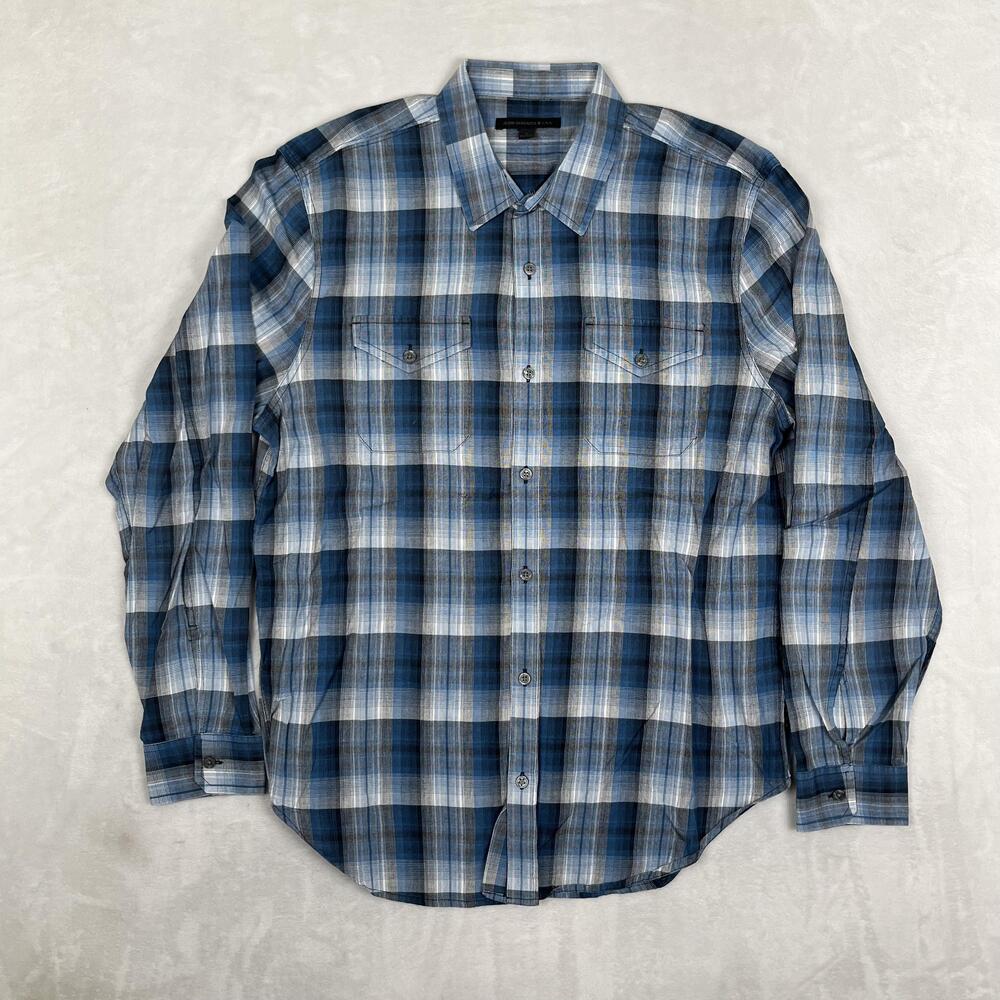 John Varvatos U.S.A. Shirt Mens Large Blue Plaid Long Sleeve Button Front Casual